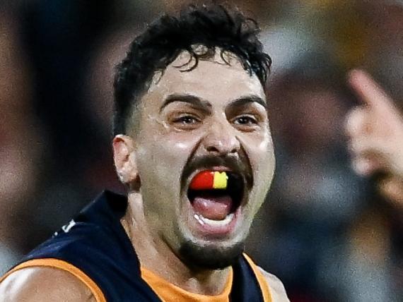 ADELAIDE, AUSTRALIA - MAY 03: Izak Rankine of the Crows   celebrates a goal during the round eight AFL match between Adelaide Crows and Carlton Blues at Adelaide Oval, on May 03, 2025, in Adelaide, Australia. (Photo by Mark Brake/Getty Images)