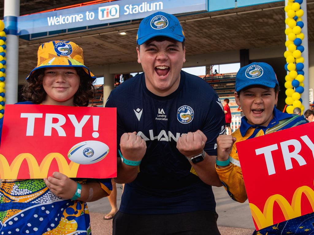 Tennyson Phillips, Naythan Phillips and Isaac Phillips at the Parramatta Eels vs Dolphins 2024 NRL match at TIO Stadium. Picture: Pema Tamang Pakhrin