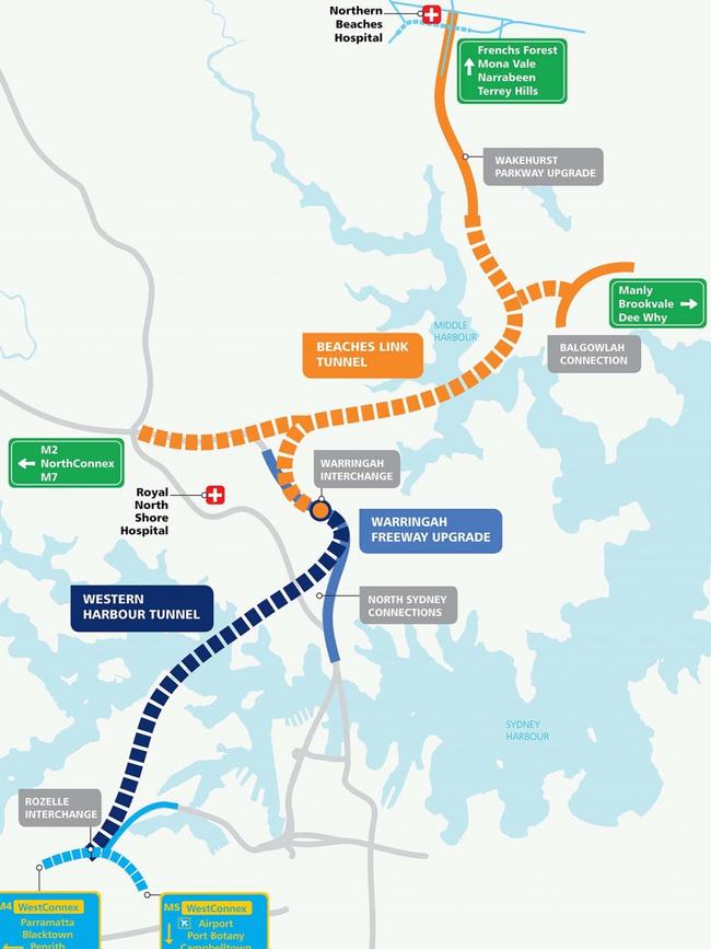 The proposed Western Harbour Tunnel (dark blue) and the Beaches Link (orange). Picture: RMS