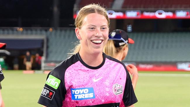 ADELAIDE, AUSTRALIA - OCTOBER 27: Caoimhe Bray of the Sydney Sixers and Sarah Bryce of the Sydney Sixers walk off after the win during the WBBL match between Melbourne Renegades and Sydney Sixers at Adelaide Oval on October 27, 2024, in Adelaide, Australia. (Photo by Sarah Reed/Getty Images)