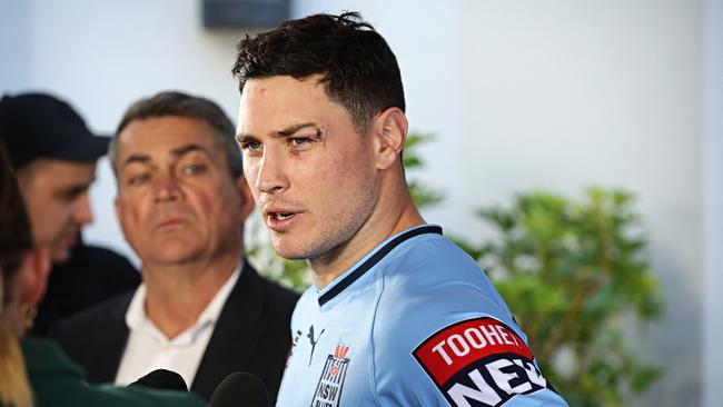 NSW Blues halfback Mitchell Moses speaking at a press conference at Crown Plaza Coogee in camp before game two in Brisbane. Picture: Adam Yip