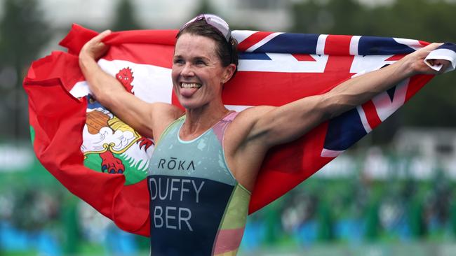 Flora Duffy of Team Bermuda celebrates winning the gold medal during the Women's Individual Triathlon. Picture: Getty Images