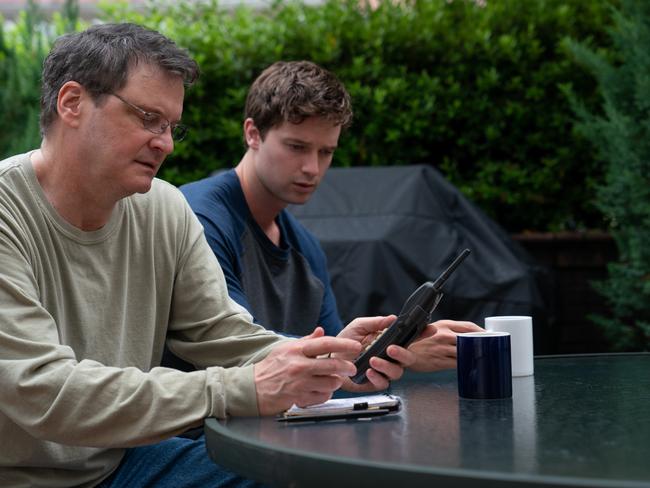 Patrick Schwarzenegger and Colin Firth star in The Staircase. Picture: HBO MAX/Binge