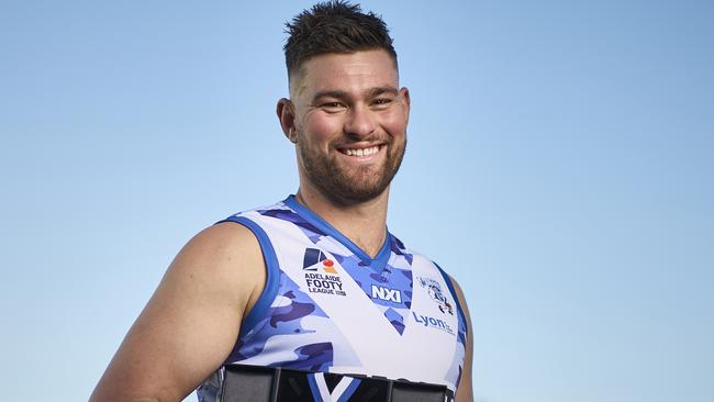 Magarey Medallist, Mitch Grigg at the Max Amber Sportsfield in Paradise, with the new medal honouring his father, Chris Grigg who died as a result of MND last year, Thursday, Aug. 3, 2023. Picture: Matt Loxton