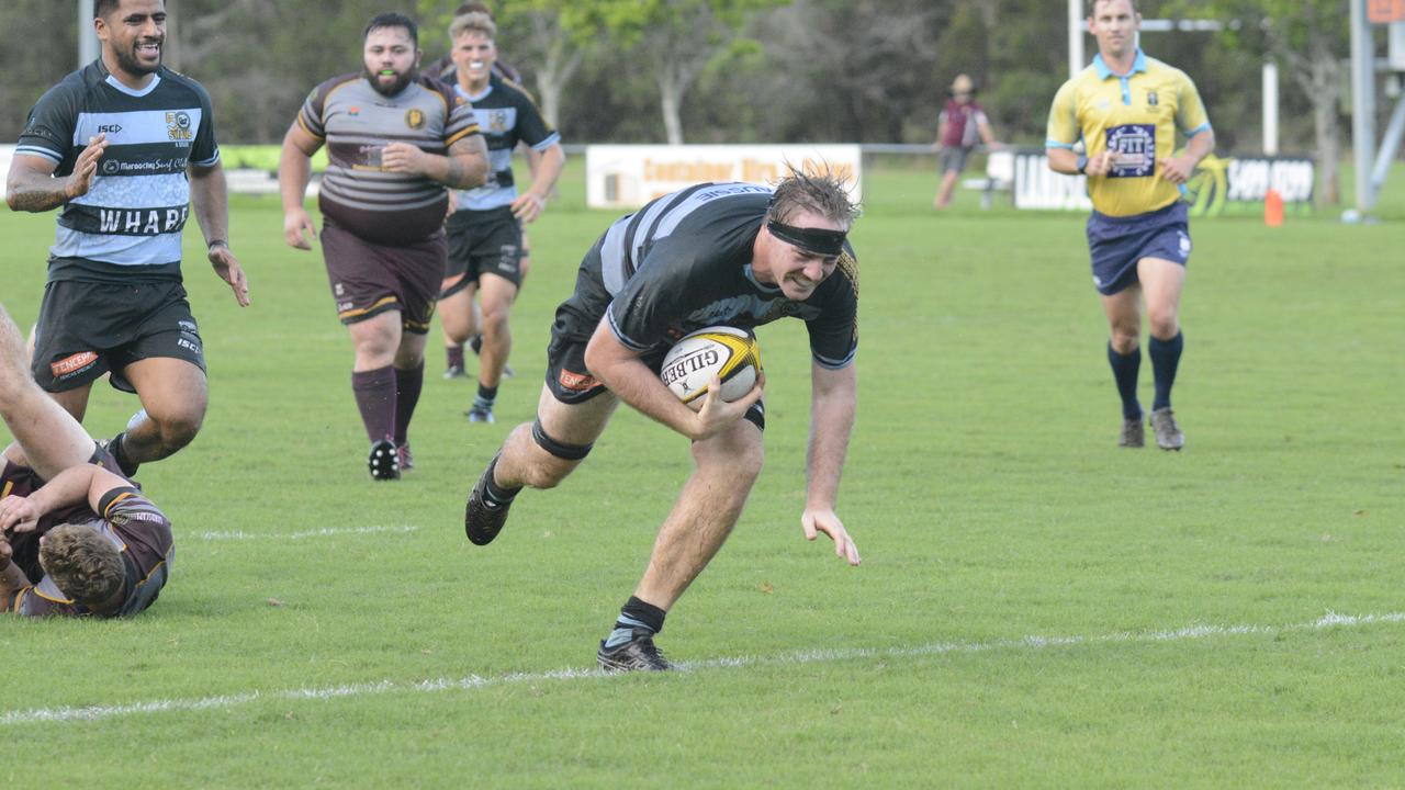 Maroochydore forward Mitch Schneider dives over to score. Picture: Carl West Photography.