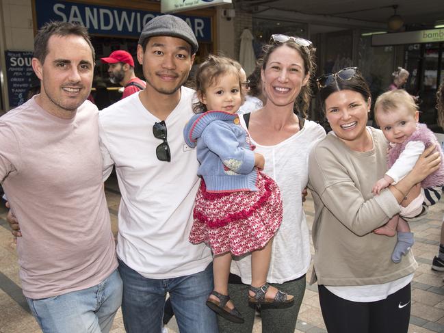 Chris Milne, Michael and Hayley Ha with daughter Lillian,1, and Kimberley Milne and daughter Evie, 8 months at the 2019 Manly Jazz Festival. (AAP IMAGE / Troy Snook)