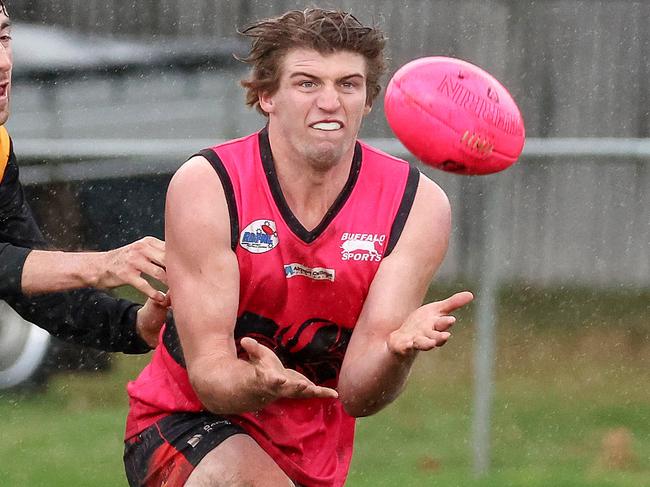 RDFL footy: Romsey v Lancefield at Romsey Park. 4th June 2022. Nathan Blair of Romsey in action.Picture : George Sal