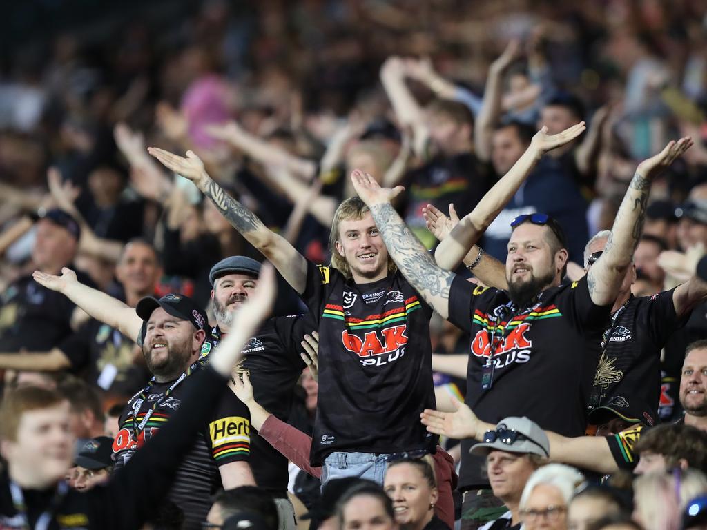 Panthers fans mock the Viking Clap. Picture: NRL Imagery
