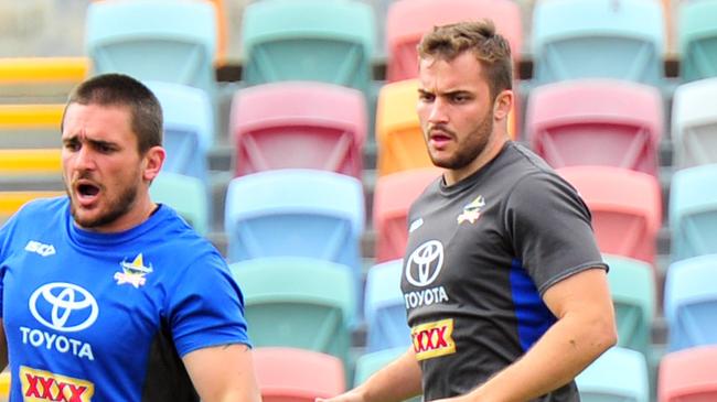 NQ Cowboys training at 1300 Smiles Stadium before their home game against the Bulldogs. Joel Riethmuller and Sam Hoare. Picture: Wesley Monts