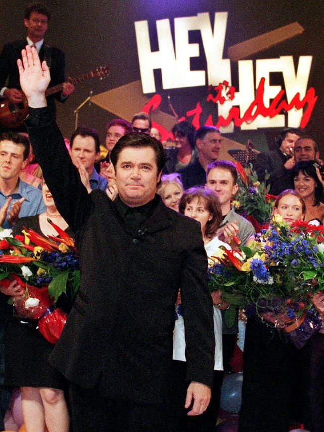 Daryl Somers and the team farewells Hey Hey It’s Saturday in 1999. Picture: Craig Borrow