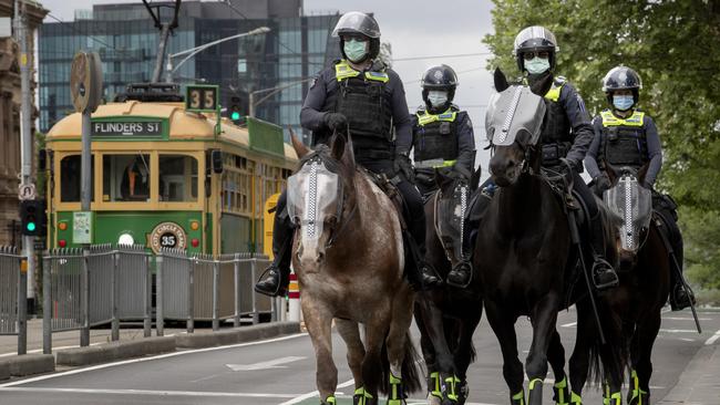 Police on horseback patrolled inner city streets during the drug blitz. Picture: The Australian