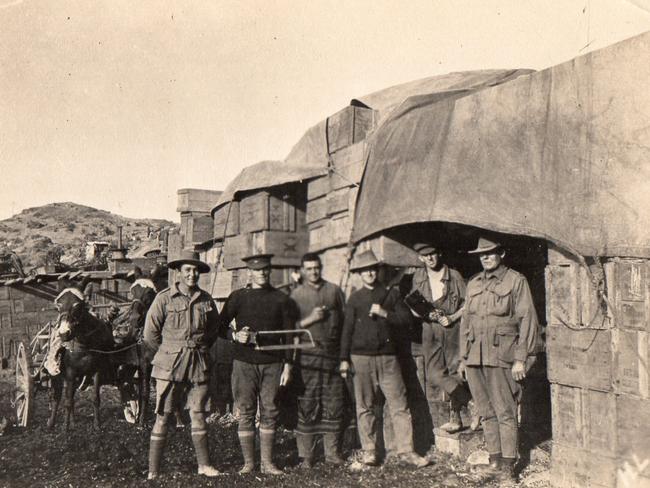 “George Thomas Grimes (4th from left) at Gallipoli in June 1915. George joined up for WWI with Railway Supply Detachment unit, leaving for Egypt on December 19, 1914. From Gallipoli he then went on to Bullecourt, Passchendaele, Villiers Bretonneux in France, arriving back in Australia in November 1918.” Picture: Supplied by granddaughter Elaine Palfrey
