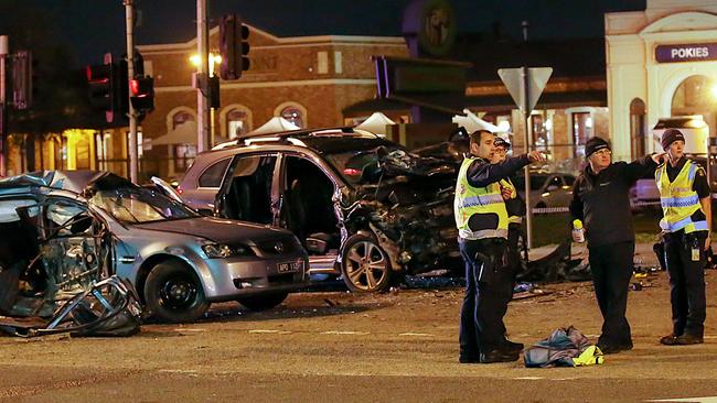 Police at the scene of a crash on the corner of Camms Road and South Gippsland Highway. Picture: Ian Currie