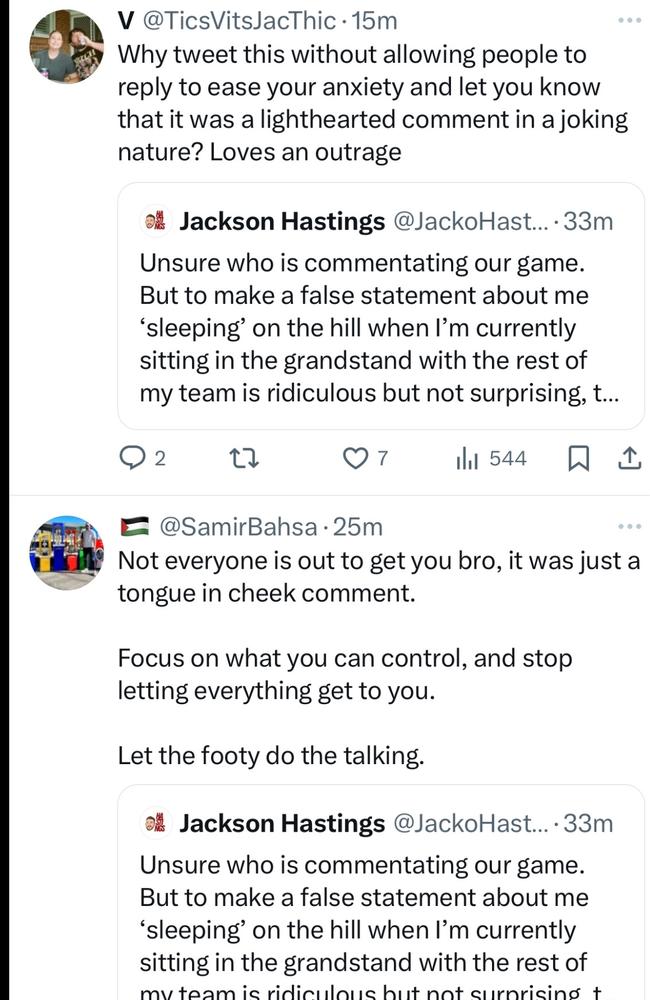 Some of the responses to Jackson Hastings' tweet.