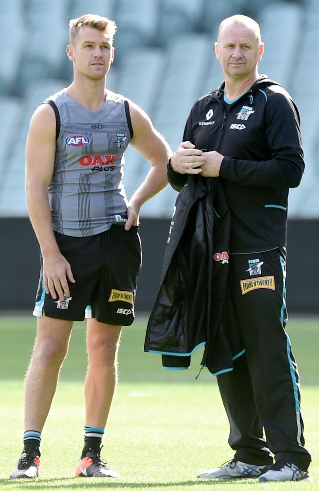 Robbie Gray with Ken Hinkley at Power training last Friday. Picture: Naomi Jellicoe