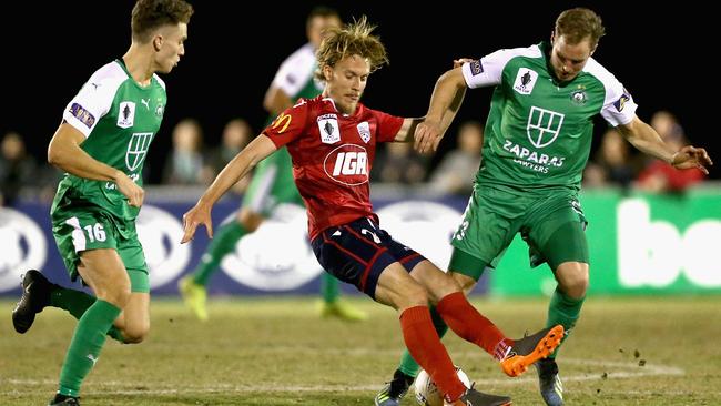 Adelaide United recruit Benjamin Halloran contests the ball during the FFA Cup semi-final against the Bentleigh Greens SC. Picture: Robert Prezioso/Getty Images