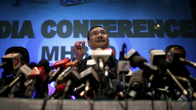 Malaysia's Minister of Transport Hishamuddin Hussein addresses the world’s media in the days after MH370’s disappearance. Picture: AP