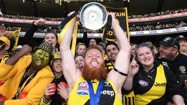 Nick Vlastuin of the Tigers reacts after winning the AFL grand final.