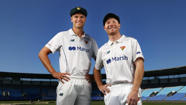 Iain Carlisle and Charlie Wakim ahead of the Sheffield Shield final against Western Australia in Perth. Picture: Nikki Davis-Jones