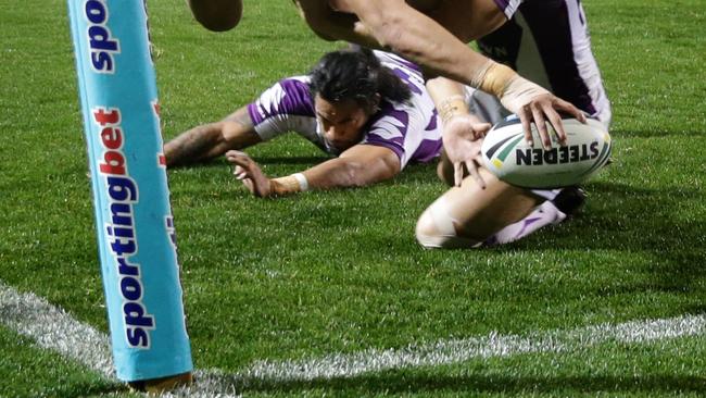 Panther's Dallin Watene-Zelezniak scores a try in the corner during the NRL game between the Penrith Panthers and the Melbourne Storm at Sportingbet Stadium , Penrith .Picture Gregg Porteous