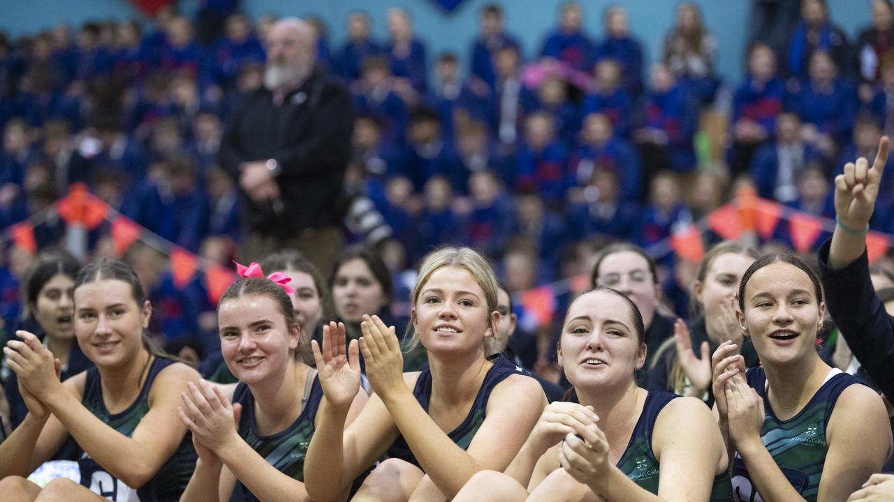 St Ursula's Senior A after defeating Downlands First VII to claim the Merici-Chevalier Cup in netball at Salo Centre, Friday, July 19, 2024. Picture: Kevin Farmer