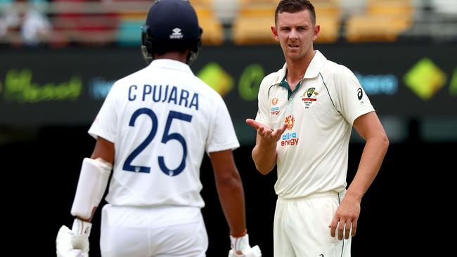 Josh Hazlewood reacts after a near miss. Picture: AFP Photo