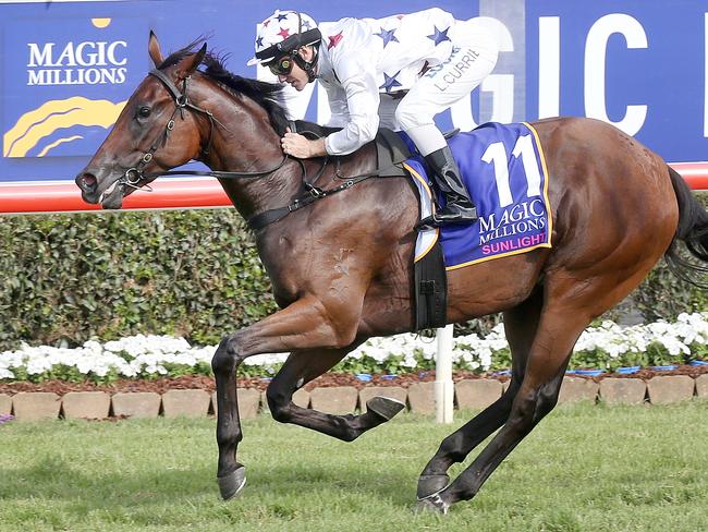 Jockey Luke Currie rides Sunlight to victory in Race 8 of the Magic Millions in January this year. Picture: AAP/Jono Searle