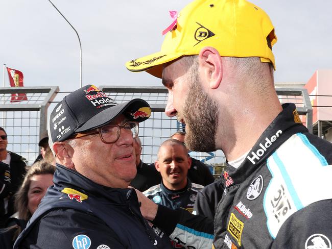 DAILY TELEGRAPH - Pictured is Shane van Gisbergen from Redbull Holden Racing Team, celebrating with Team Owner Roland Dane after winning the Supercheap Auto Bathurst 1000 at Mount Panorama Raceway today. Picture: Tim Hunter.