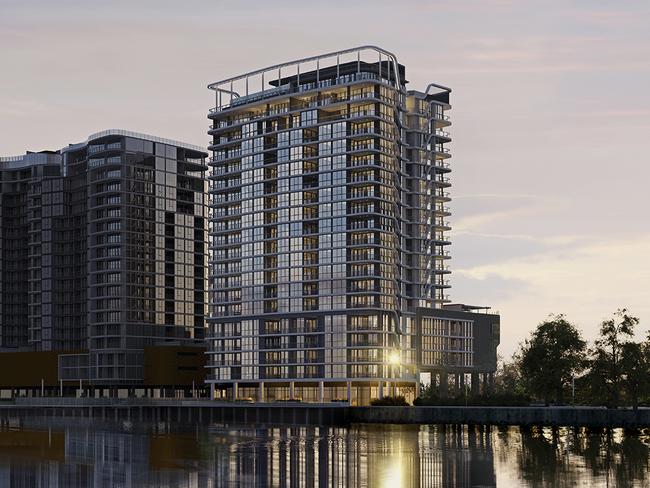 An artist impression of luxury Rivello apartment complex on Wharf St, Hamilton which is due to begin construction in late 2021. Picture: Supplied