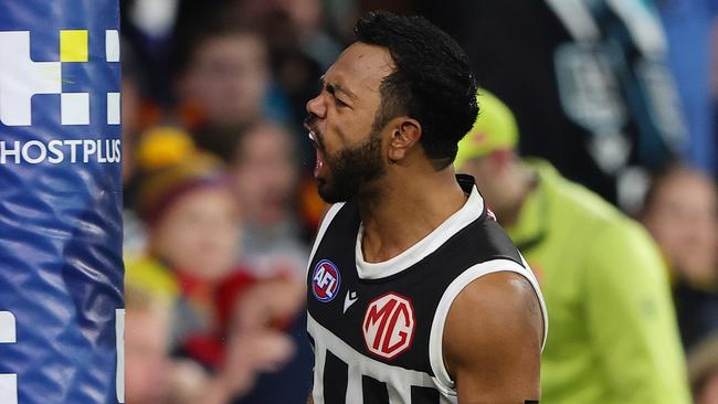 ADELAIDE, AUSTRALIA - AUG 17: Willie Rioli of the Power celebrates a goal during the 2024 AFL Round 23 match between the port Adelaide Power and the Adelaide Crows at Adelaide Oval on August 17, 2024 in Adelaide, Australia. (Photo by Sarah Reed/AFL Photos via Getty Images)