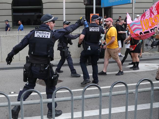 The Socialists seemed marginally the more aggressive, shoving the police. Picture: David Crosling