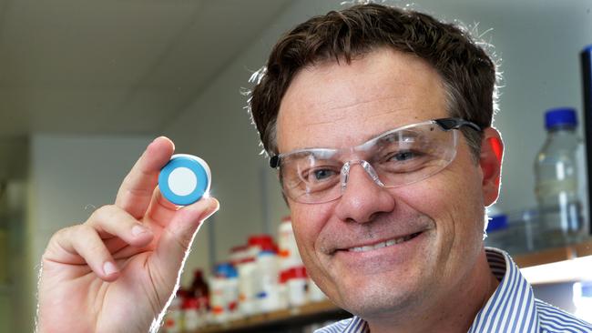 Professor Mark Kendall pictured with his Nanopatch needle-free vaccine device in his lab at the University of Queensland. Picture: Tim Marsden