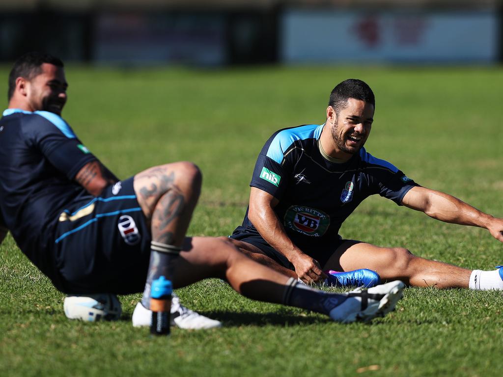 Jarryd Hayne alongside Andrew Fifita during NSW State of Origin training. Picture: Brett Costello