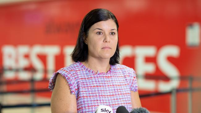 Health Minister Natasha Fyles addresses the media at Darwin International Airport to mark the NT eradicating COVID-19 for the second time. Picture: Che Chorley