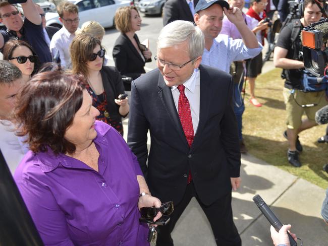 Former Prime Minister Kevin Rudd meets with former Mayor Gail Sellers at GAGAL's Training Centre, Beckinsale Street, Gladstone. Photo Luka Kauzlaric / The Observer