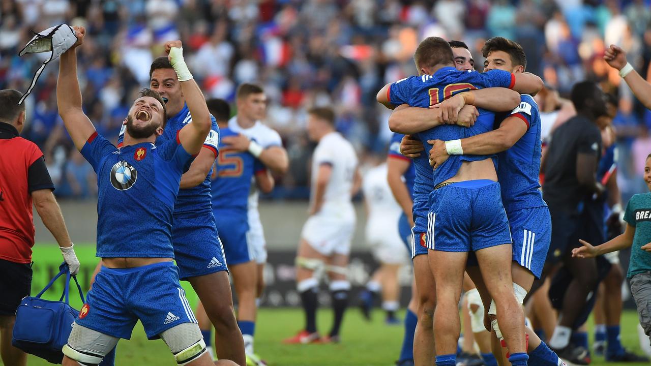 French players react after winning the U20 World Cup at the Mediterranean stadium in Beziers, southern France.