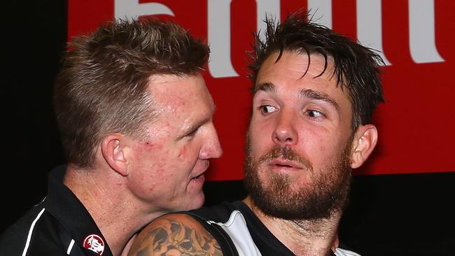 Nathan Buckley as coach with Dane Swan back in 2015. Picture: Robert Cianflone/Getty Images