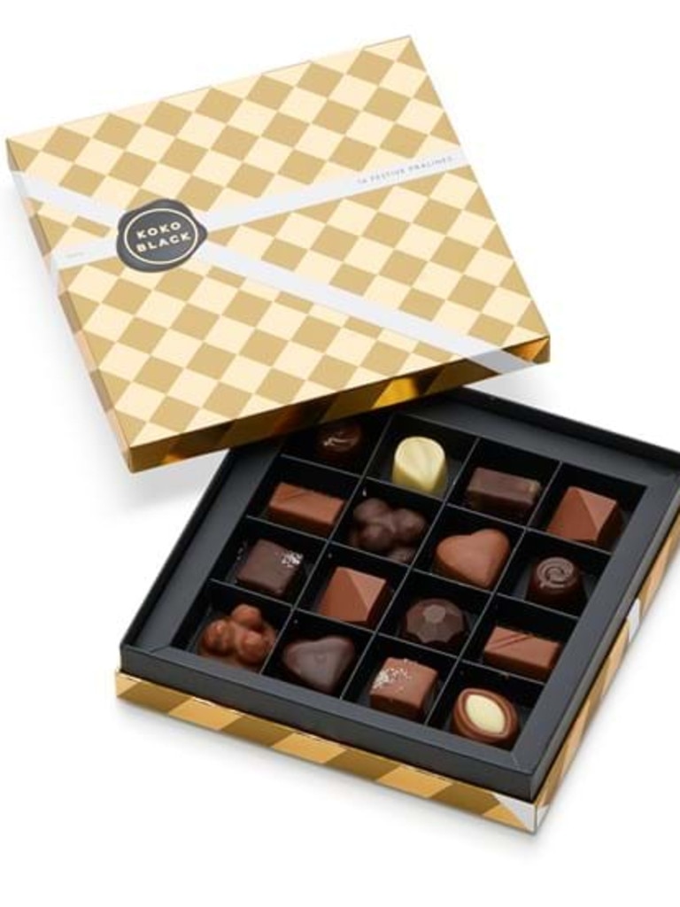 Koko Black Christmas gift box 190g features 16 different chocolates with Christmas-themed flavours. Picture: Koko Black