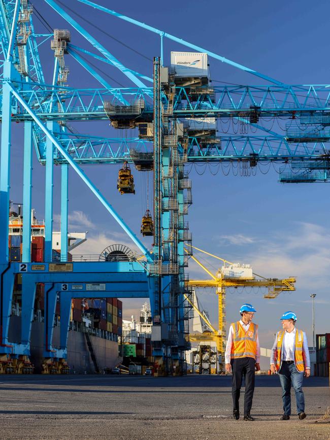 Keith Halifax and Matthew Michalewicz at the Adelaide Container Terminal. Picture: Russell Millard