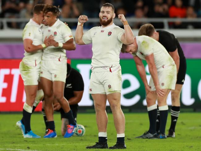 Luke Cowan-Dickie celebrates England’s victory over New Zealand in the 2019 Rugby World Cup semi-finals. It did not lead to glory in the final. Picture: David Rogers/Getty Images