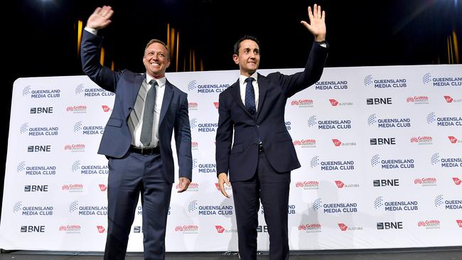 Premier Steven Miles and Opposition Leader David Crisafulli at the Queensland Media Club’s Leaders’ Debate. Picture: John Gass