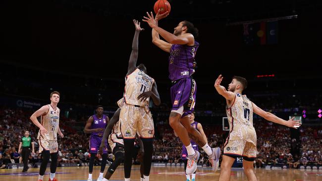 Xavier Cooks of the Kings shoots during game three of the NBL Semi Final series between Sydney Kings and Cairns Taipans at Qudos Bank Arena. (Photo by Jason McCawley/Getty Images)