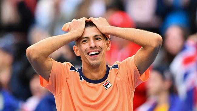 Australia's Alexei Popyrin celebrates after beating Taylor Fritz