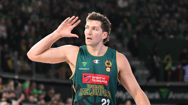 HOBART, AUSTRALIA - SEPTEMBER 28: Will Magnay of the Jackjumpers reacts during the round two NBL match between Tasmania Jackjumpers and Melbourne United at MyState Bank Arena, on September 28, 2024, in Hobart, Australia. (Photo by Steve Bell/Getty Images)