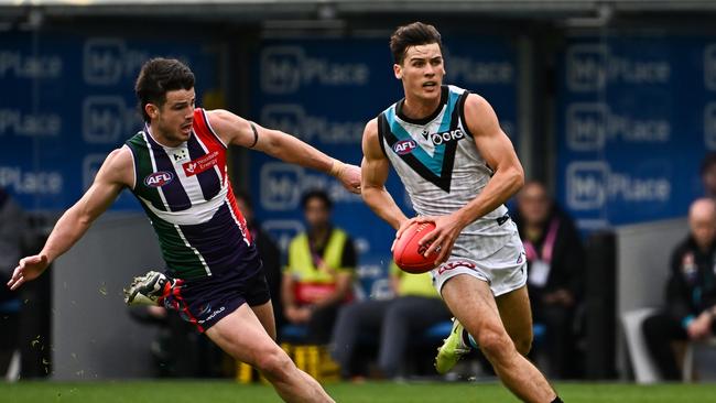 Connor Rozee on the burst. Picture: Daniel Carson/AFL Photos via Getty Images