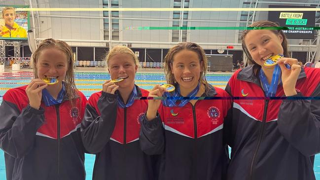 They’re real gold: Manly Swimming Club's women's 4x100m freestyle relay team who won gold at the Australian Open National Swimming Championships in Adelaide. (left to right) Lauren Wilson, Lily McPherson, Charli Brown and Georgina Seton. Picture: Manly Swimming Club