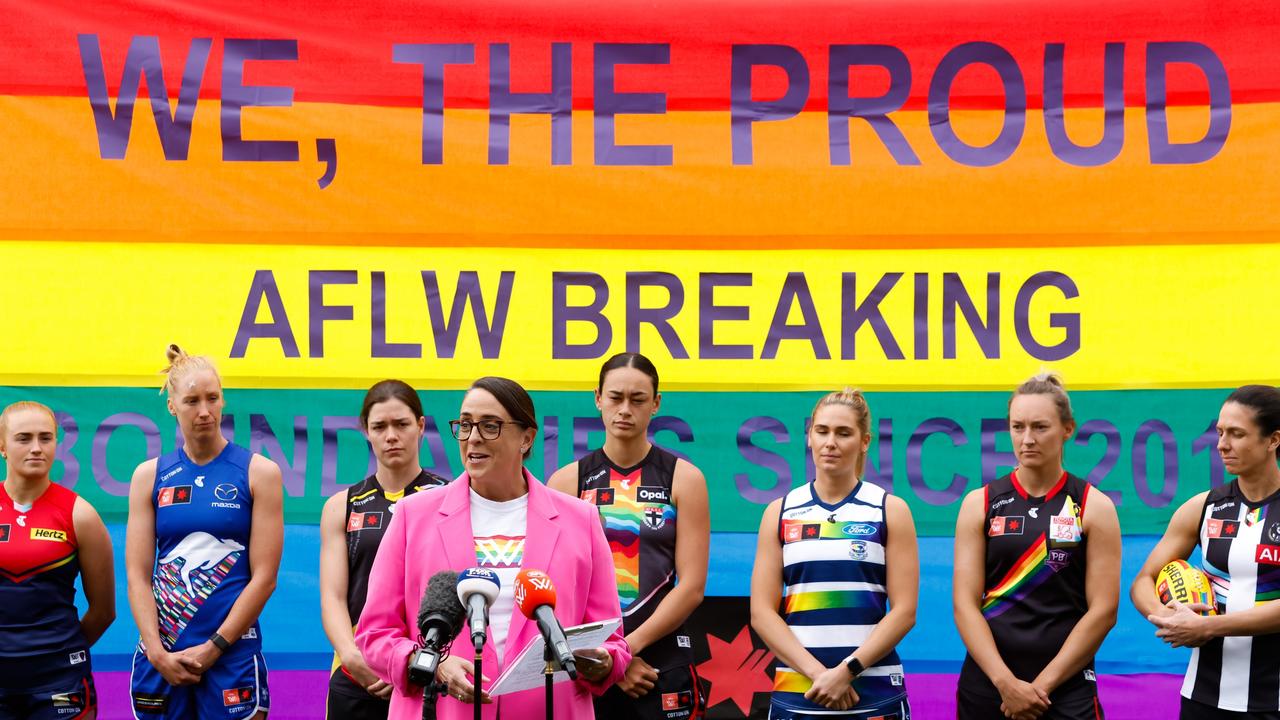 The AFL spruiks its Pride Round for the AFLW – but has no dedicated round of the sort for the men’s game. Picture: Dylan Burns/AFL Photos