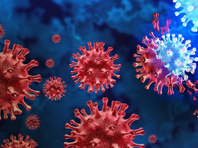 Mutating virus variant and cell mutation variants as a health risk concept and new coronavirus outbreak or covid-19 viral cells mutations and influenza background as a 3D render.