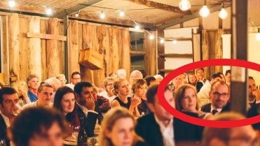 Jo Haylen (left in circle) and Josh Murray (right in circle) at a wedding in Byron Bay in 2016.