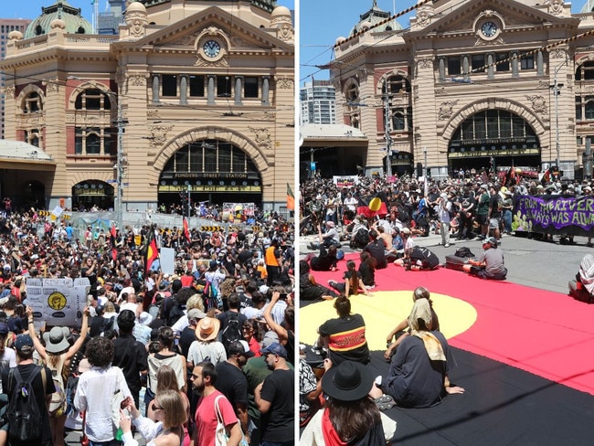 Protesters at a 2019 'Invasion Day' rally in Melbourne, left, and at the same location this year, right.